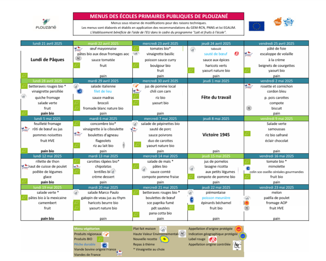 Menus - Mercredis avril/mai 2025