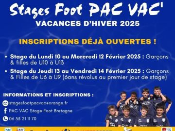 ⚽️ 𝗦𝗧𝗔𝗚𝗘 𝗙𝗢𝗢𝗧 𝗣𝗔𝗖 𝗩𝗔𝗖' 𝗛𝗜𝗩𝗘𝗥 ⚽️

📆 Du lundi 10 au mercredi 12 février
🗓 Du jeudi 13 et vendredi 14 février 

ℹ️ 𝘾𝙤𝙣𝙩𝙖𝙘𝙩/𝙞𝙣𝙨𝙘𝙧𝙞𝙥𝙩𝙞𝙤𝙣 : https://bit.ly/3CLfv8b
