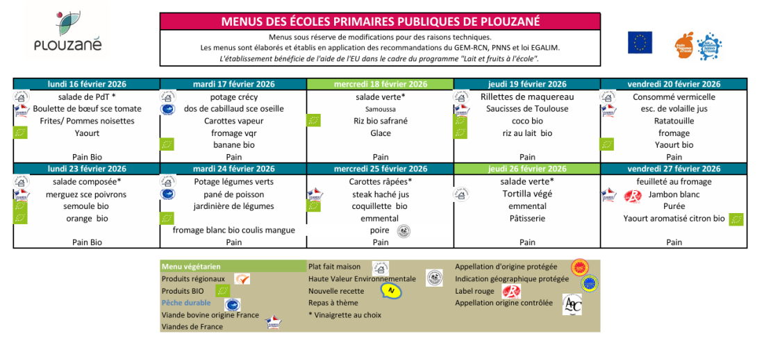 Menus - Vacances d'Hiver 2026