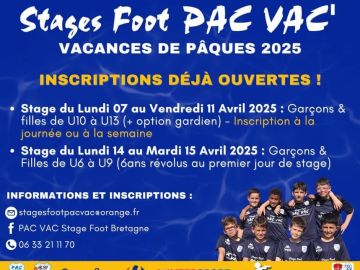 ⚽️ 𝗦𝗧𝗔𝗚𝗘 𝗙𝗢𝗢𝗧 𝗣𝗔𝗖 𝗩𝗔𝗖' 𝗣𝗔̂𝗤𝗨𝗘𝗦 ⚽️

🔔 𝐿𝘦𝑠 𝑖𝘯𝑠𝘤𝑟𝘪𝑝𝘵𝑖𝘰𝑛𝘴 𝘴𝑜𝘯𝑡 𝑜𝘶𝑣𝘦𝑟𝘵𝑒𝘴 !!

📆 Du lundi 07 au vendredi 11 avril (+ option gardien)
🗓 Du lundi 14 et mardi 15 avril...