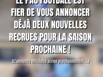 🔵 𝙈𝙀𝙍𝘾𝘼𝙏𝙊 🔵

Le PAC Football est fier de vous annoncer l'arrivée de 𝗱𝗲𝘂𝘅 𝗽𝗿𝗲𝗺𝗶𝗲̀𝗿𝗲𝘀 𝗿𝗲𝗰𝗿𝘂𝗲𝘀 pour la saison prochaine ! 💪

Bienvenue à 𝗖𝗼𝗿𝗲𝗻𝘁𝗶𝗻 𝗣𝗔𝗨𝗚𝗔𝗠 et 𝗘𝘄𝗲𝗻...