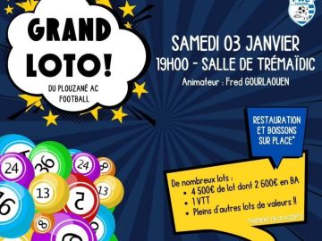 🎱𝙂𝙍𝘼𝙉𝘿 𝙇𝙊𝙏𝙊 𝘿𝙐 𝙋𝘼𝘾 𝙁𝙊𝙊𝙏 🎱

Nous vous attendons nombreux le 𝘀𝗮𝗺𝗲𝗱𝗶 𝟬𝟯 𝗝𝗮𝗻𝘃𝗶𝗲𝗿 dès 𝟭𝟵𝗵𝟬𝟬 à la 𝘀𝗮𝗹𝗹𝗲 𝗱𝗲 𝗧𝗿𝗲́𝗺𝗮𝗶̈𝗱𝗶𝗰 pour notre 𝗚𝗿𝗮𝗻𝗱 𝗟𝗼𝘁𝗼 du club, animé par...