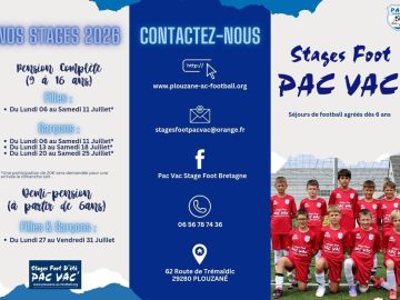 ⚽️𝗦𝘁𝗮𝗴𝗲 𝗳𝗼𝗼𝘁 𝗣𝗔𝗖 𝗩𝗔𝗖’ – 𝗘́𝘁𝗲́ 𝟮𝟬𝟮𝟲⚽️

👉 Le stage n°1 est complet ! 
👉 Quelques places disponibles sur nos autres stages.